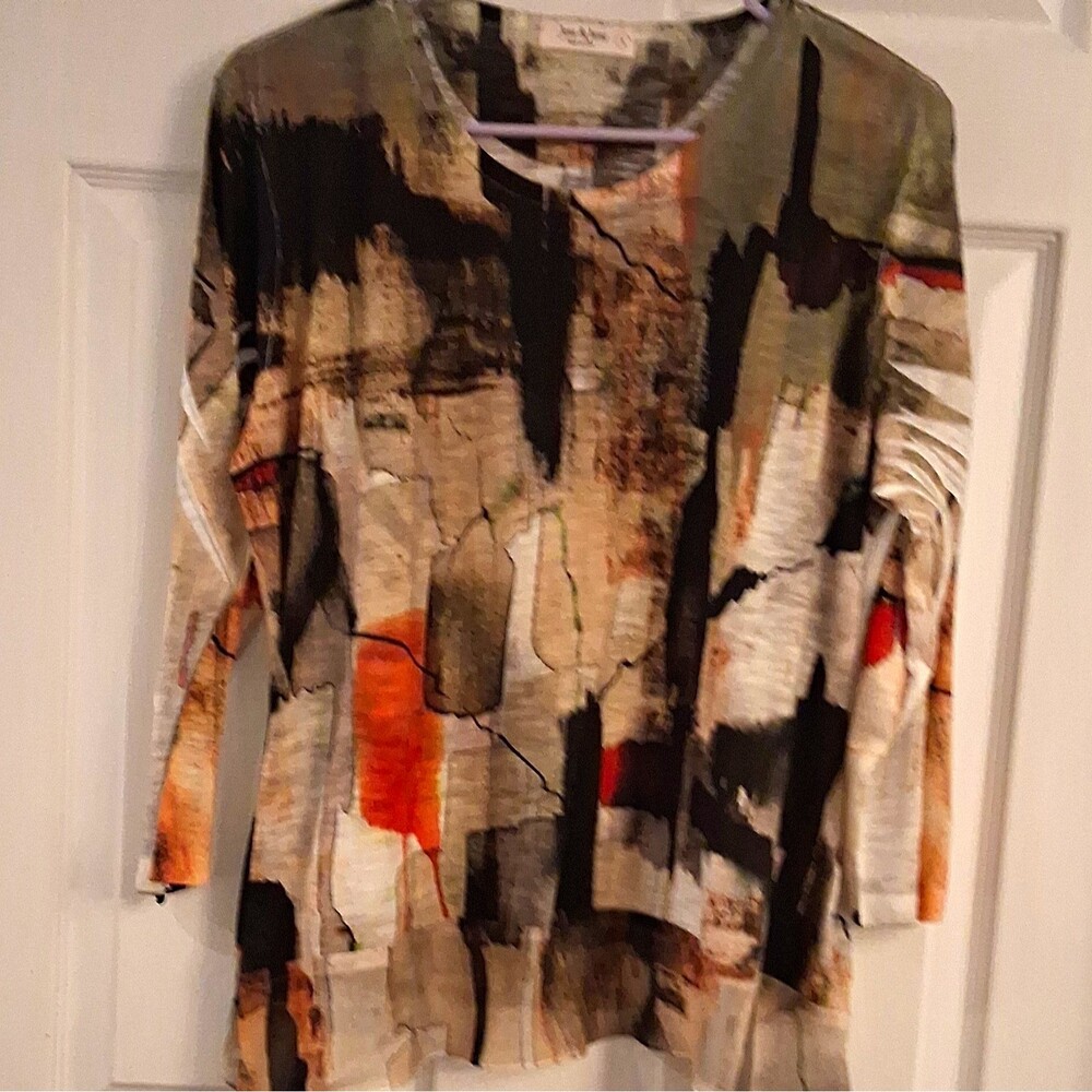 Jess & JaneWomen's Abstract Brush Strokes Boho Tunic Top 3/4 Sleeves Art To Wear